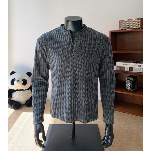 PUGESI American heavy henley shirt men's autumn black and white striped long-sleeved T-shirt herringbone pattern stand-up collar inner base sweatshirt gray 3XL