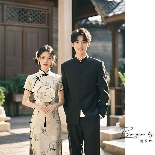 Bgundy high-end suit, new Chinese style groom, wedding and engagement, black stand-up collar tunic suit, black jacket + pants + white stand-up collar lining 2XL