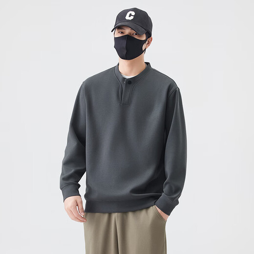 Vangeni high-end solid color sweatshirt for men spring and autumn 2025 new trendy loose Henry collar top men's casual bottoming shirt dark gray M recommended 100-120 Jin Jin equals 0.5 kg / free shipping insurance