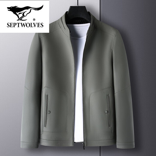 SEPTWOLVES stand collar leather jacket for men middle-aged dad autumn and winter new leather jacket men's business casual plus fleece leather jacket black thin 2XL 185 (suitable for weight 150-165)