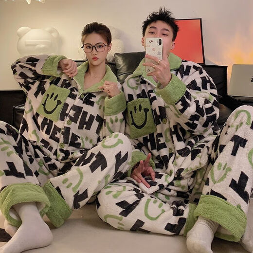 Victoria style couple autumn and winter coral pajamas for one man and one woman in winter new flannel home clothes plus velvet thickened suit 88600 - thickened flannel M female + male L