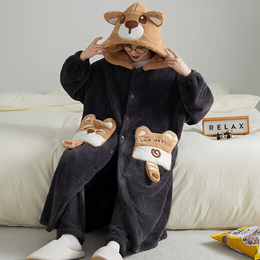 Fanshengyu Coral Velvet Pajamas Men's Autumn and Winter 2025 New Loose Pajamas Men's Velvet Thickened Bathrobe Home Clothes Set Bear Two-piece Set Clothes + Pants One Size Recommended 100-150 Jin Jin equals 0.5 kg