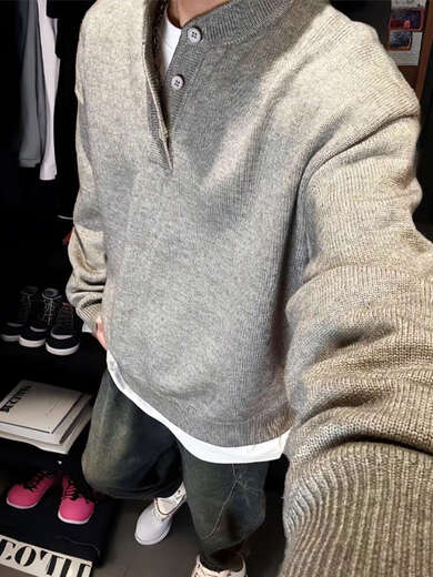 Semir Gray American Henley Collar Knitted Sweater Men's Long Sleeve Lazy Style Cleanfit Bottoming Knitted Sweater Jacket Light Gray Upgraded M