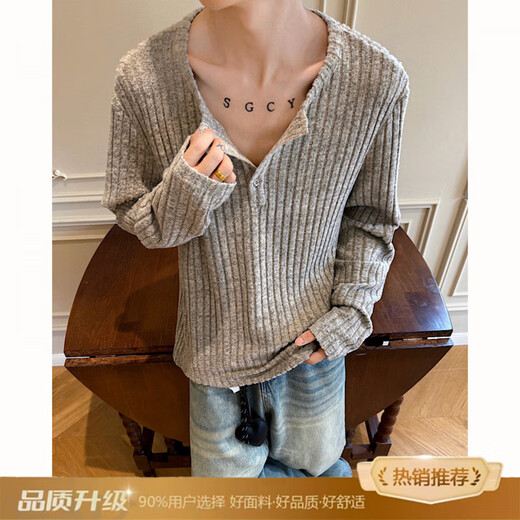 XUANSENTU old money style Henry collar sweater for men and women, autumn shoulder gray long-sleeved T-shirt, loose bottoming sweater, beige, upgraded version M