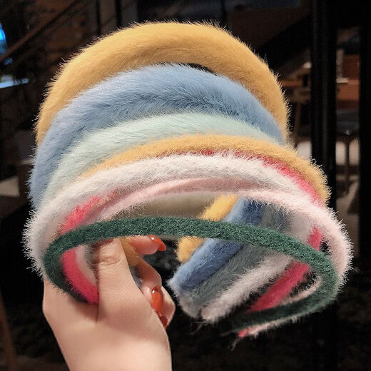 2025 Spring Candy Color Fur Hair Hoop Face Wash Makeup Outer Hair Card Thin Hair Hoop Women's Plush Korean Pink
