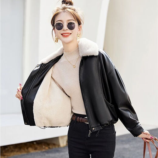 Playboy (PLAYBOY) brand Haining genuine leather jacket for women 2025 spring, autumn and winter new small fur one-piece fur jacket black velvet lining + detachable fur collar L Recommended 110-120 Jin Jin equals 0.5 kg