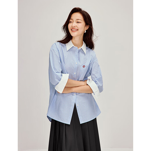 INMAN contrast embroidered striped shirt 2026 spring women's new long-sleeved cotton shirt top blue stripe XL