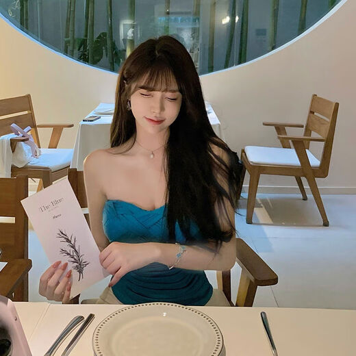 Liuuheeheea niche design tube top slimming slim net celebrity ins solid color versatile slim sleeveless top blue S