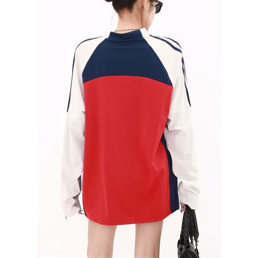 American half-zip long-sleeved T-shirt for men and women, trendy brand loose contrasting color sports tops, quick-drying, sun protection cycling clothes, T, black M M