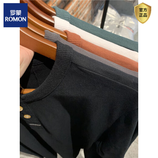 ROMON cotton three-button Henry collar long-sleeved T-shirt men's spring and autumn loose bottoming shirt American Ami khaki casual top Iron Gray M 100-120Jin Jin is equal to about 0.5 kg