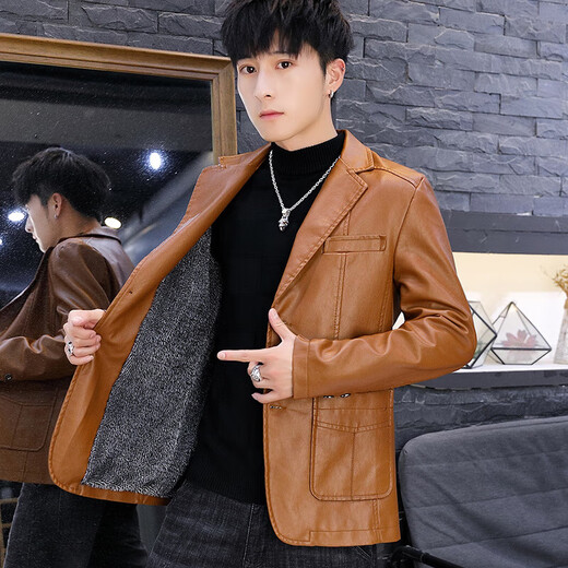 MGOLCPS men's leather jacket autumn and winter velvet thick Korean version trendy handsome suit leather jacket leather jacket motorcycle suit men's black ZW8937 non-velvet M