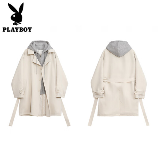 Playboy (PLAYBOY) windbreaker men's spring and autumn holiday two-piece hooded mid-length over-the-knee coat cityboy Korean casual trendy coat black L