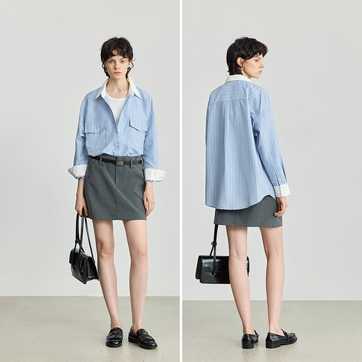 LILY2025 new winter women's clothing retro contrasting vertical stripes temperament versatile loose commuting long-sleeved shirt jacket 401 blue S