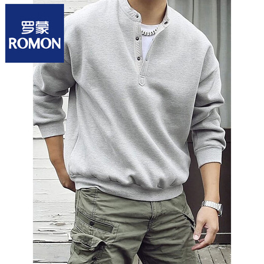ROMON large size 300Jin Jin is equal to 0.5kg large size men's Henry collar sweatshirt men's spring and autumn new American fashion brand loose top bottoming shirt gray M 80-100Jin Jin is equal to 0.5kg