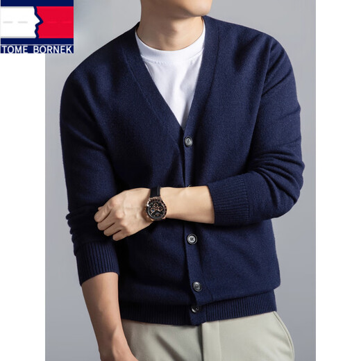 TOME BORNEK high-end 100% pure wool cardigan men's V-neck autumn and winter middle-aged sweater jacket business casual knitted bottoming shirt navy blue XL recommended 140-155Jin Jin equals 0.5 kg