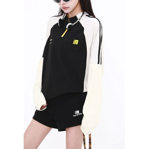 American half-zip long-sleeved T-shirt for men and women, trendy brand loose contrasting color sports tops, quick-drying, sun protection cycling clothes, T, black M M