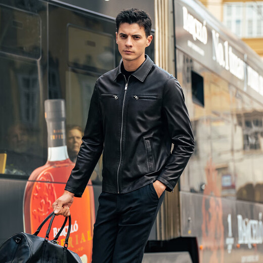 布先生轻柔真皮皮衣男翻领夹克男士外套2025冬季新款百搭男装BT16986 钢琴黑 XL (180)