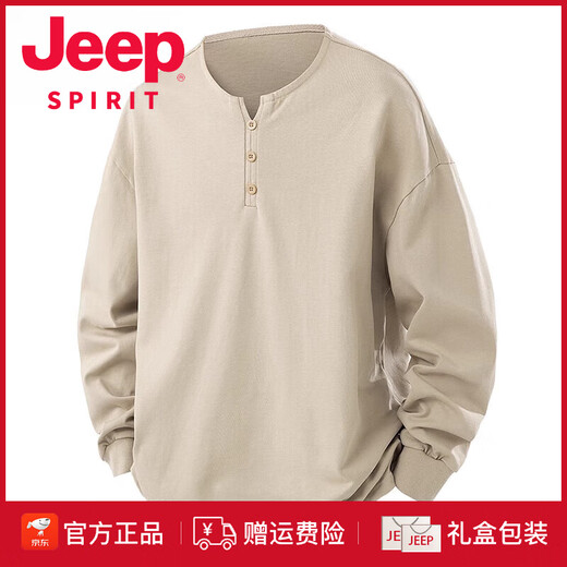 JEEP SPIRIT pure cotton long-sleeved t-shirt for men 2025 new spring and autumn versatile loose solid color top casual V-neck henley shirt khaki M 110-125Jin Jin equals 0.5 kg