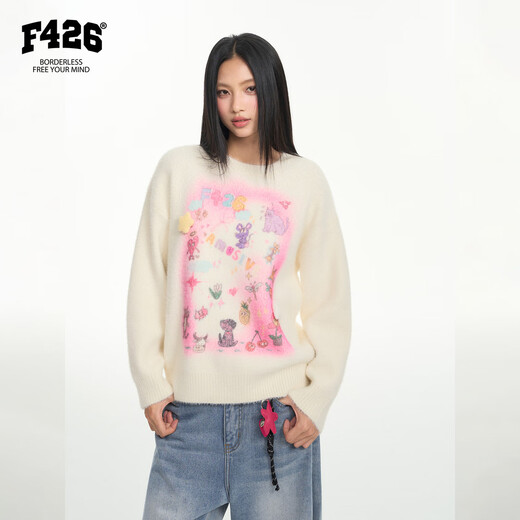 F426 national fashion brand winter new colorful and interesting printed three-dimensional star imitation mink sweater off-white S