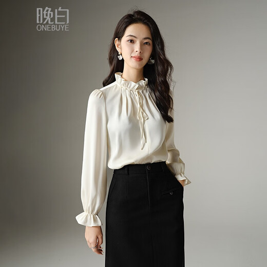 Late White New Product 2025 Autumn Solid Color Temperament Fashion Top Lace Stand Collar Skin Friendly Versatile Shirt for Women Beige L