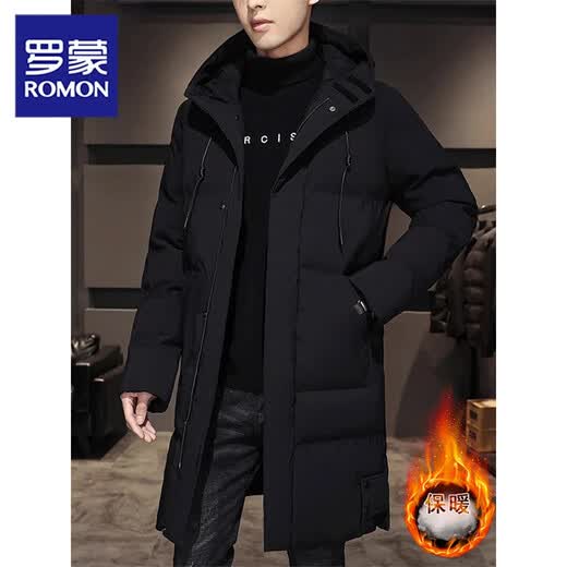 ROMON jacket men's cotton mid-length winter cotton jacket thickened and warm plus fat plus size casual cotton coat black L recommended 110-130Jin Jin equals 0.5 kg