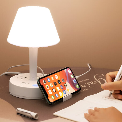 Multifunctional LED table lamp creative extension socket integrated bedside home bedroom study eye protection white 3 sockets + desk lamp + USB 4.8 meters + mobile phone holder button switch