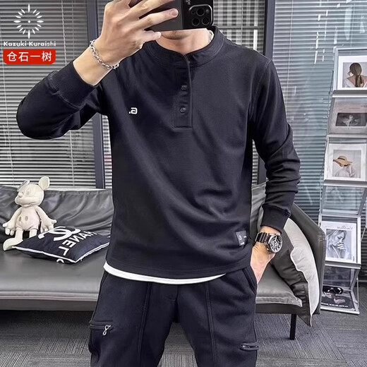 KAZUKI KURAISHI Kazuki Kuraishi trendy brand solid color Henley round neck sweatshirt men's spring and autumn new fashion casual long-sleeved clothes black 3XL 162-175Jin Jin is equal to 0.5 kg