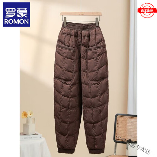 ROMON down pants women's outer wear new fashion high waist thickened white duck down loose warm versatile casual winter khaki M