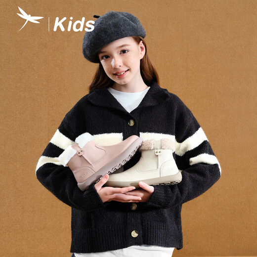 Red Dragonfly Children's Shoes Girls 2025 Winter Children's Cotton Shoes Plus Velvet Leather Boots Black Short Boots Q54BM016 Beige 33