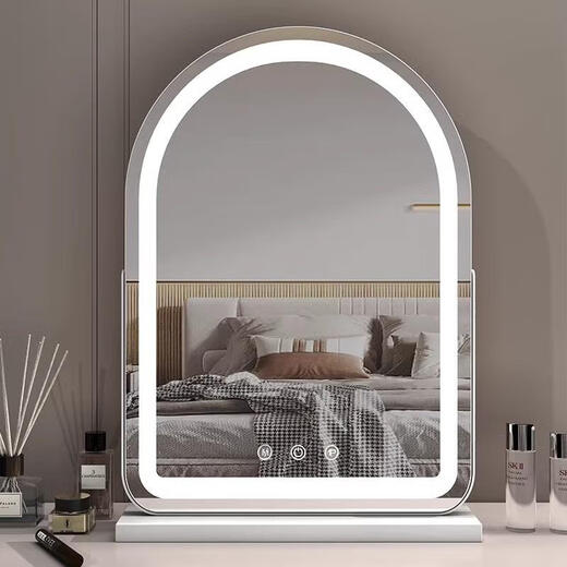Desktop mirror make-up mirror with light desktop home led make-up mirror light luxury smart bedroom rotating supplementary light mirror charming golden arch. shaped rotating 30*40cm (three colors + light changing) charging