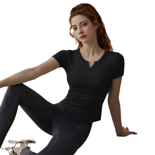 Women's Summer Pilates-feeling Yoga Wear Suit with Chest Pads Short-Sleeved Running Fitness Top Black Short-Sleeved M