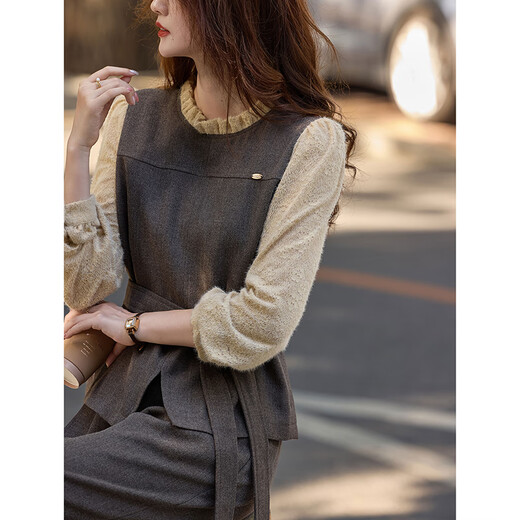 Awakening paradise, belted, fashionable and high-end, winter fashion fake two-piece shirt, straight wide-leg trousers, women's suit, dark brown S