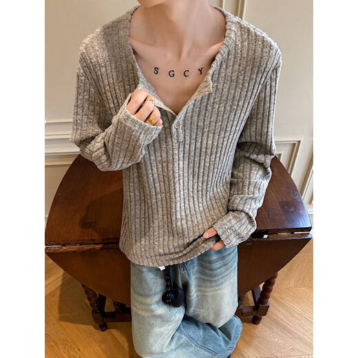 XUANSENTU old money style Henry collar sweater for men and women, autumn shoulder gray long-sleeved T-shirt, loose bottoming sweater, beige, upgraded version M