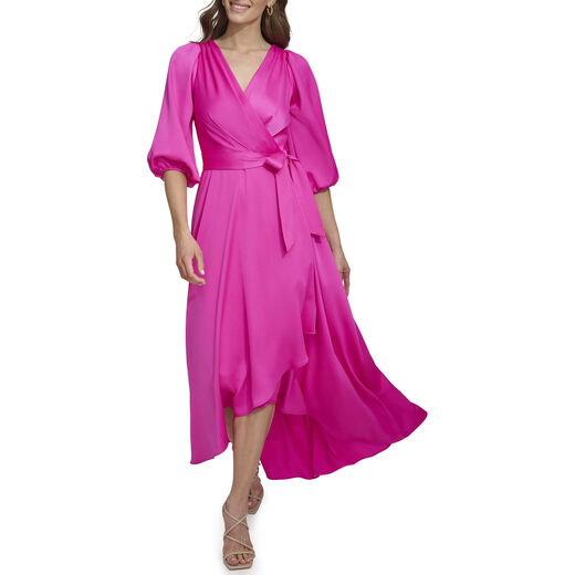 DKNY Women's Balloon Sleeve Satin Faux Wrap Maxi Dress, Pink, 14