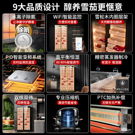 CIGARLOONG 408C cigar cabinet with constant temperature and humidity, cedar wood lining, choleric water, ionized ammonia removal and moisturizing cabinet, smart WiFi remote control compressor, cigar cabinet, constant temperature and humidity control, cigar cabinet, 2m large double door, gold, ammonia purification + WiFi + cedar wood liner and shelf, thick style