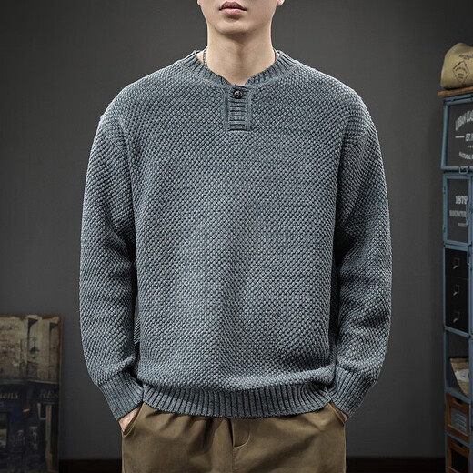 Le Xin Chao Autumn Trendy Japanese Retro Henley Collar Sweater Men's Pullover Loose Knitwear Autumn and Winter New Style Inner Sweater Floral Gray S (90-115Jin Jin is equal to 0.5kg)