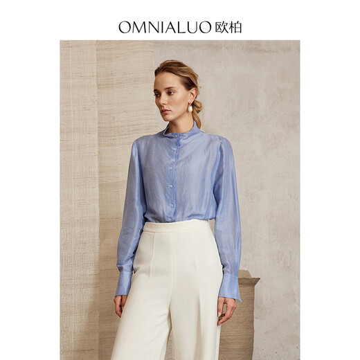 OMNIALUO Oberano high-end stand-up collar linen shirt women's long-sleeved 2025 autumn new commuter OL temperament mulberry silk top B09 blue S