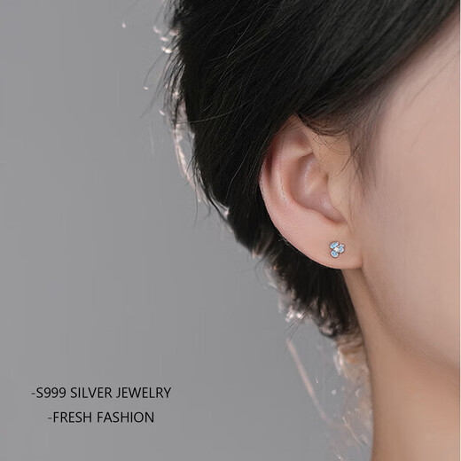 Meliades glue blue small fresh iris flower earrings for women s999 sterling silver Korean style fashionable zircon ear wire tassel earrings iris flower earrings_light blue S999 pure silver S999 sterling silver