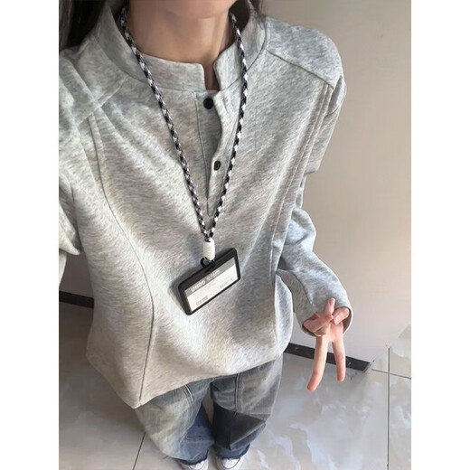 Vnxifm American Henry collar polo shirt sweatshirt for men and women in autumn deconstructed splicing long-sleeved T-shirt cleanfit shoulder top Gray M _ Recommended 86-100Jin Jin equals 0.5 kg