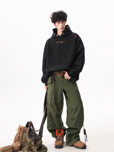 OEMG  重磅500g刺绣连帽加绒加厚卫衣男士秋冬季潮牌美式宽松保暖外套 白花灰 【高品质】 XL [建议110-130斤]