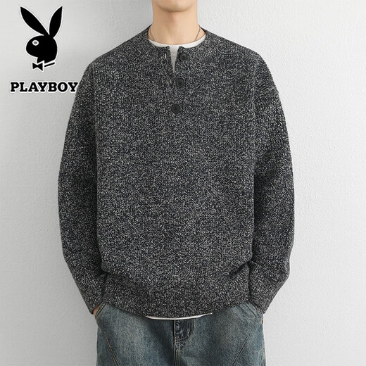 PLAYBOY Sweater Men's Autumn and Winter Casual Loose Warm Henley Collar Pullover Sweater Outdoor Top Dark Gray 2XL