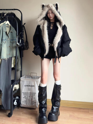 Xiaohongshu's hot style American mountain sculpture cat ears hooded fur collar cotton coat for women in winter with a loose design, black (with rabbit ears, thickening, ready for delivery on the same day) S one size fits all