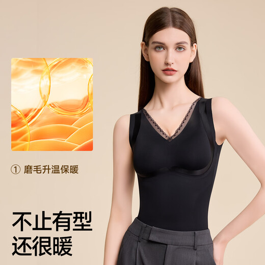 Tingmei (GRACWELL) warm shaping vest with inner brushed bra-free bottoming shirt for autumn and winter with seamless back-beautiful underwear and temperament black L