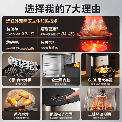 SUPOR air fryer far infrared penetration heating household 6.3L large capacity no-turn French fries machine dual heat source steam tender frying multifunctional electric fryer KD60Y883