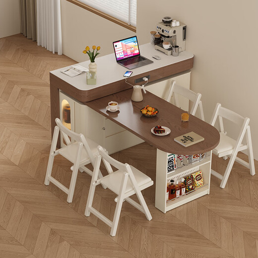 Isabel rotating telescopic island dining table integrated solid wood multifunctional small apartment kitchen island sideboard bar table 1 meter island + 1.2 meter dining table + soft chairs * 4 Bull socket - ENF grade solid wood