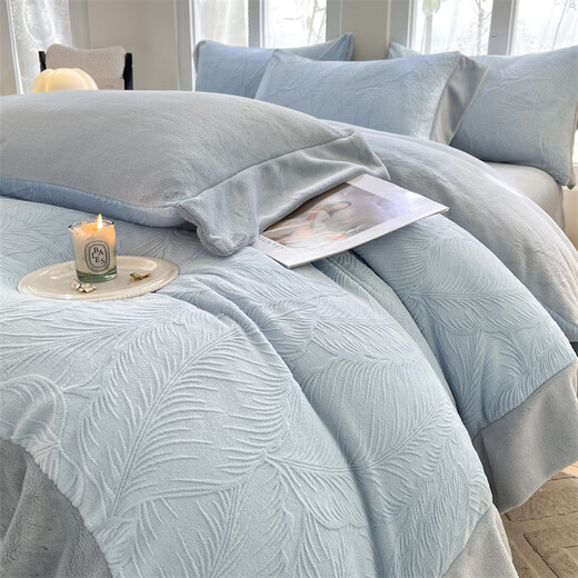 Mercury series home textile high-end carved milk velvet four-piece set 2025 winter new thickened warm coral velvet plus baby blue + star gray bed sheet style 1.8m four-piece set