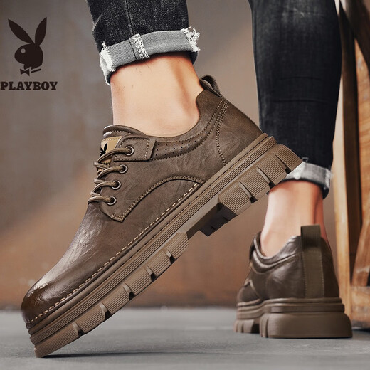 PLAYBOY Leather Shoes Men's 2025 Autumn Business Casual Shoes Soft Sole British Formal Shoes Low-top Work Shoes Brown 42