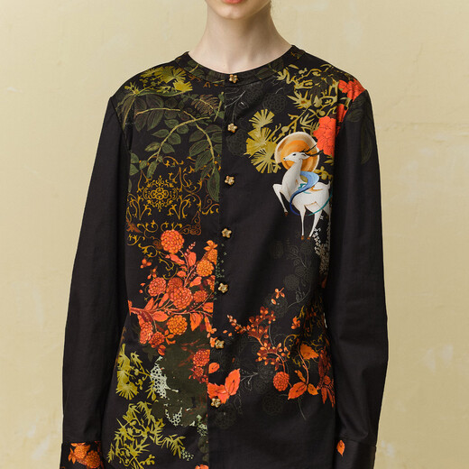 PURE TEA puretea Oriental Dunhuang round neck shirt women's printed long-sleeved top 25 winter new graphite black M