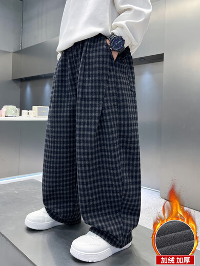 Xiaohongshu's hot style boys' autumn and winter pants with velvet and thickening 2025 new big children's all-in-one velvet winter casual clothes for children, dark blue and black with velvet, cm 120