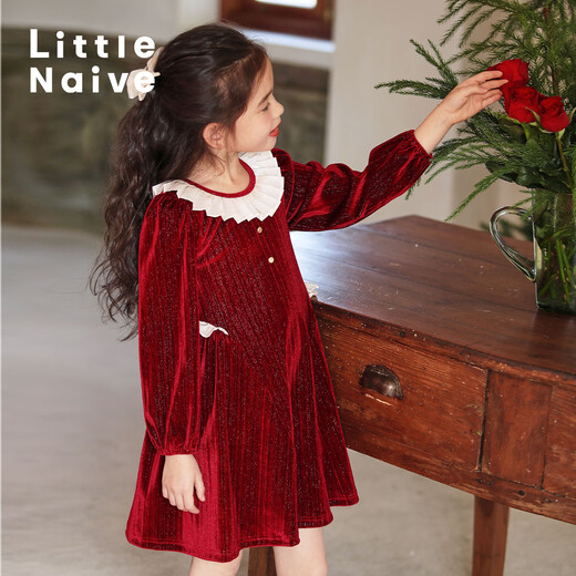 Little Naive children's sparkling velvet dress autumn and winter girls' velvet one-year-old dress princess dress berry red 120